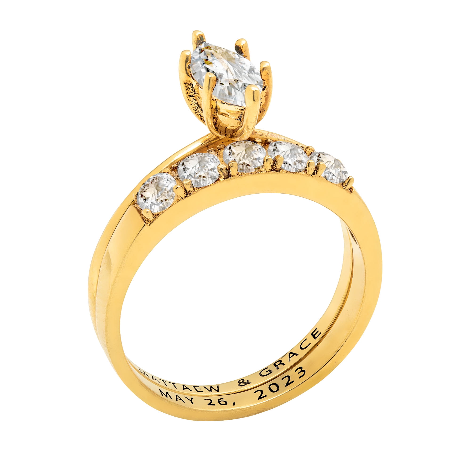 Vow & Forever Personalized Planet Bridal 14K Gold over Sterling Silver Marquise White Topaz 2-Piece Engraved Wedding Ring Set ,Women's