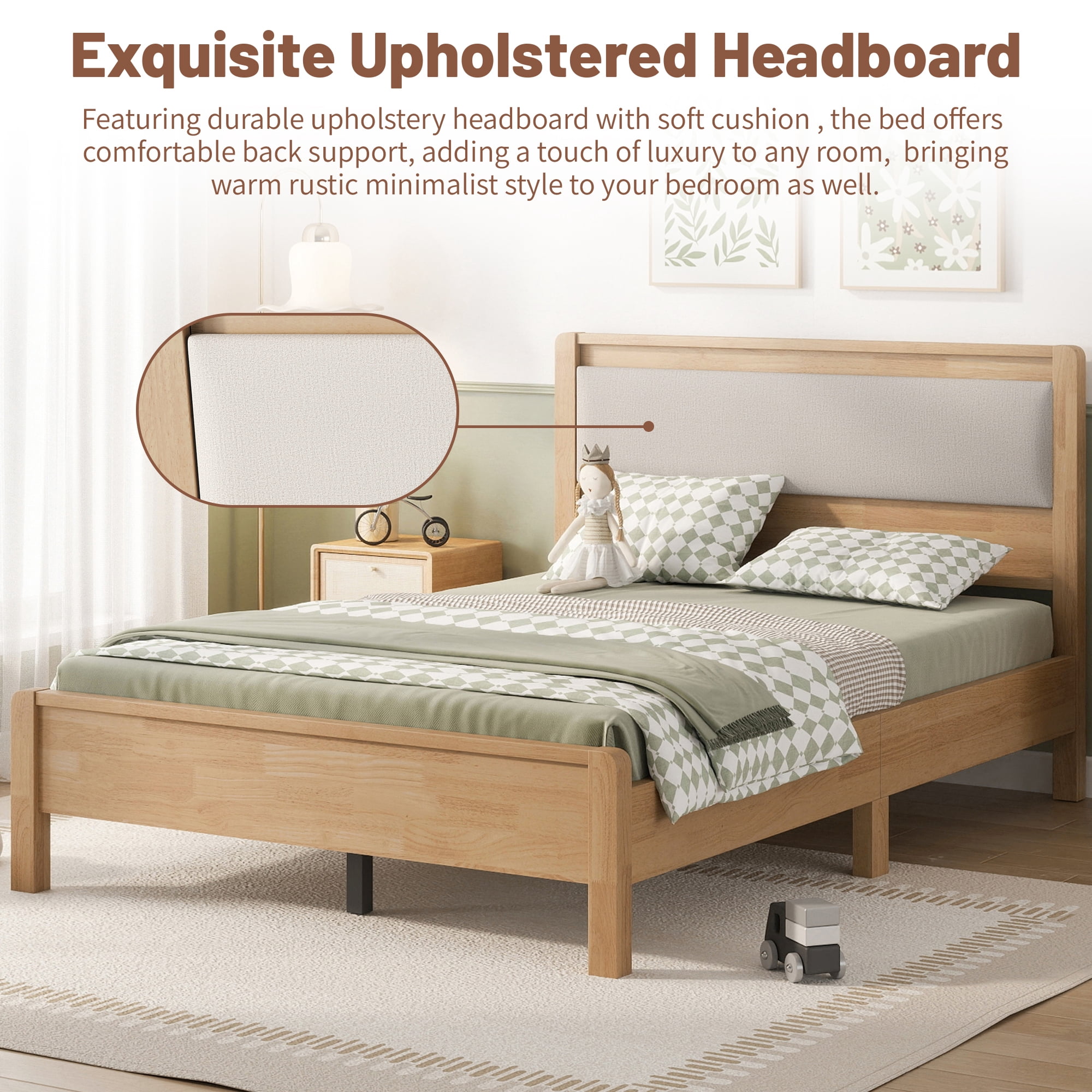 HOQBN Full Solid Rubberwood Bed Frame with Upholstered Headboard, Reinforced Central Support Legs for Bedroom Natural