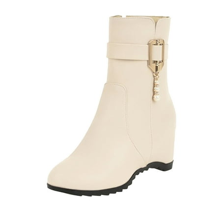 

QYZEU Boots for Women Wide Width Cuff Womens Heel Boots Ladies Solid Color Leather Face Pearl Belt Buckle Zipper Fashion Inner Booties