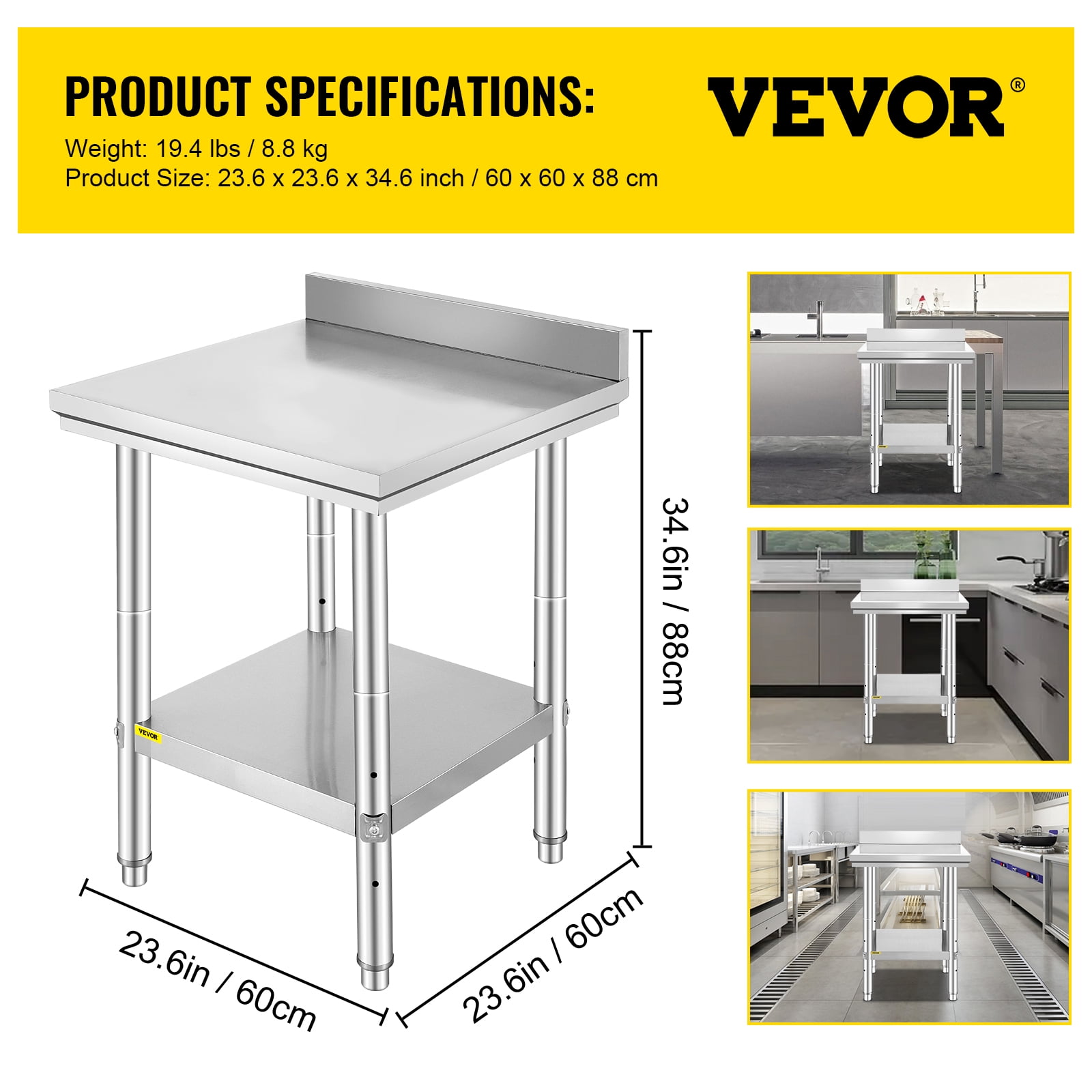 VEVOR Stainless Steel Work Table, Durable Stainless Steel Prep Table with Adjustable Undershelf & Feet, 24 x 24 x 34 Inch, Silver
