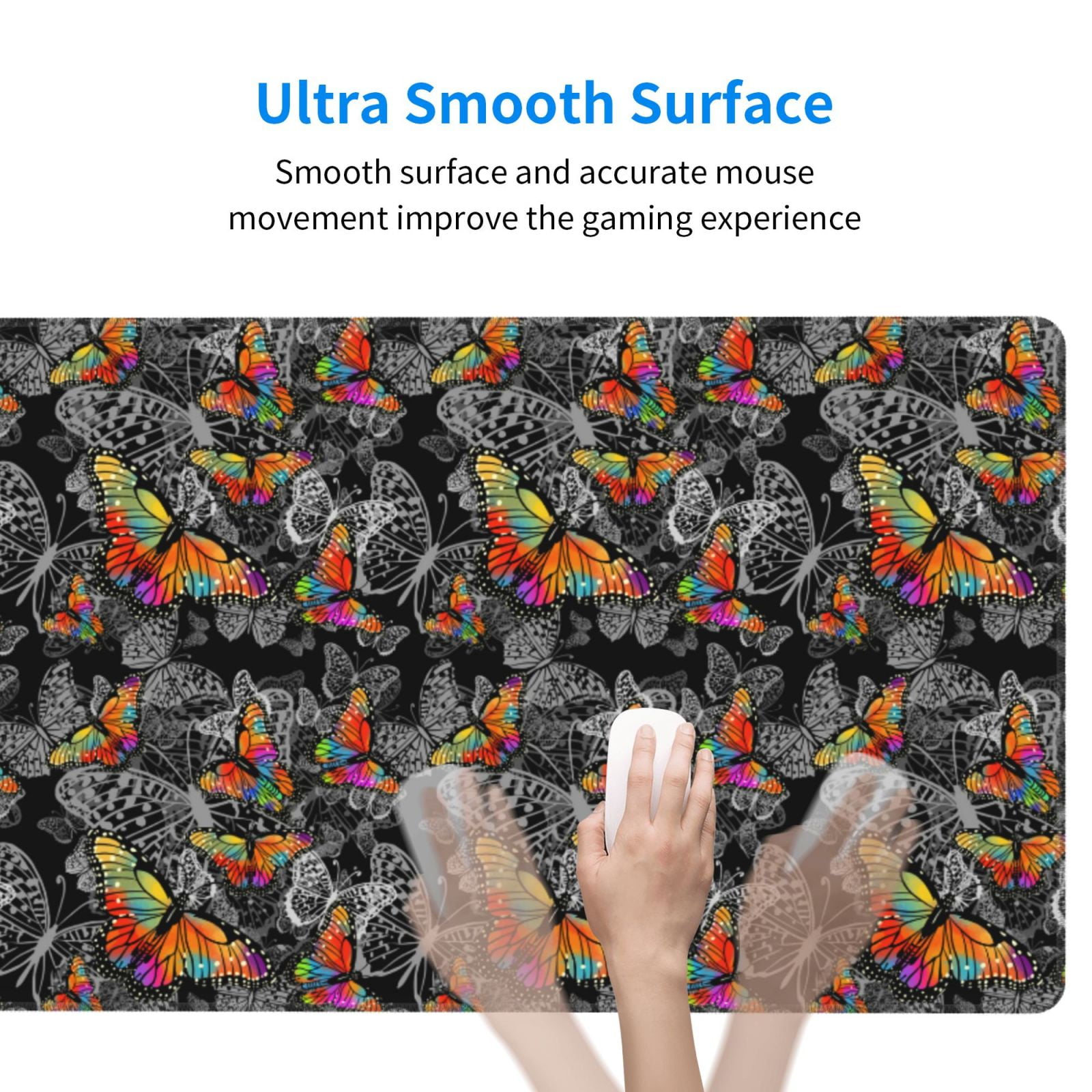 Rateoe Multicolored Butterflies C Print Mouse Pad - Extended Large Gaming Mousepad,Non-Slip Stitched Edge,16x29.5 Inch