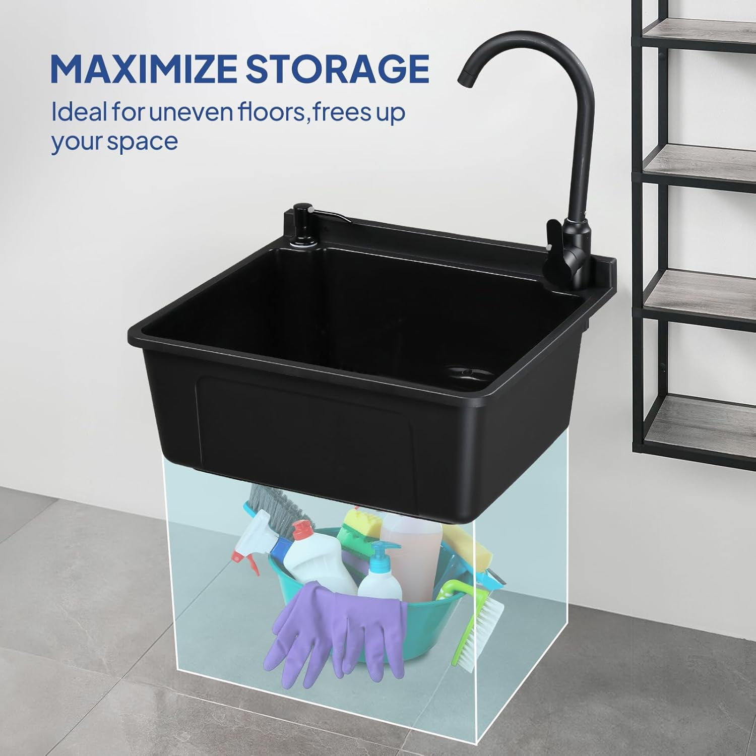 ROVSUN Plastic Wall-Mounted Utility Sink, Wall-Mounted Utility Tub with Wall Bracket, Hot&Cold Faucet, Drain Plug, Perfect for Basement, Laundry Room, Garage or Shop and More, Black