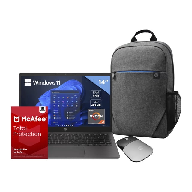KIT LAPTOP HP 245 G10 14" 1366X768 HD AMD RYZEN 3 7320U 8GB 256GB SSD W11H + MOUSE + MOCHILA+ ANTIVIRUS