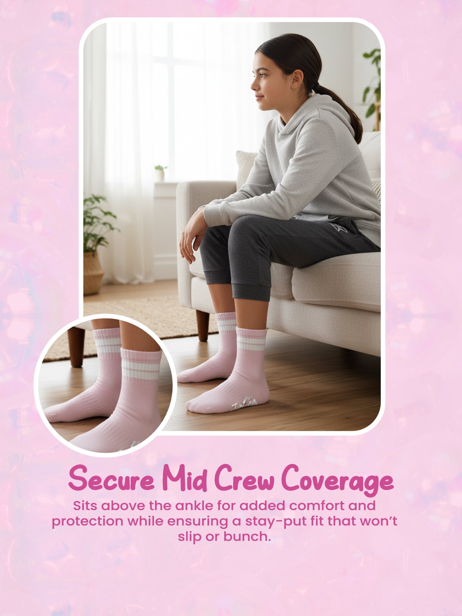 Justice Mid Crew Socks for Girls, Stylish Kids Socks for Daily Wear, 6 pk Grey Multi Color