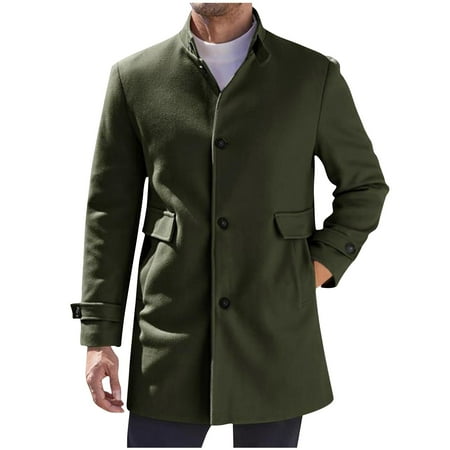 HOOMEUMY Men s Wool Blend Overcoat Winter Warm Trench Coat Long Sleeve Button Up Jacket Outerwear with Pockets Army Green XL