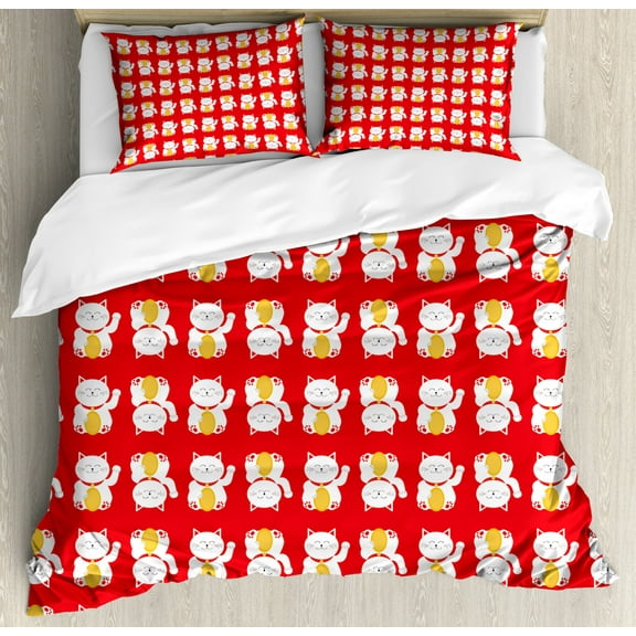 Japanese Cat Duvet Cover Set Queen Size, Lucky Maneki Neko Luck Fortune Prosperity Backdrop, Decorative 3 Piece Bedding Set with 2 Pillow Shams, Vermilion White Mustard, by Ambesonne