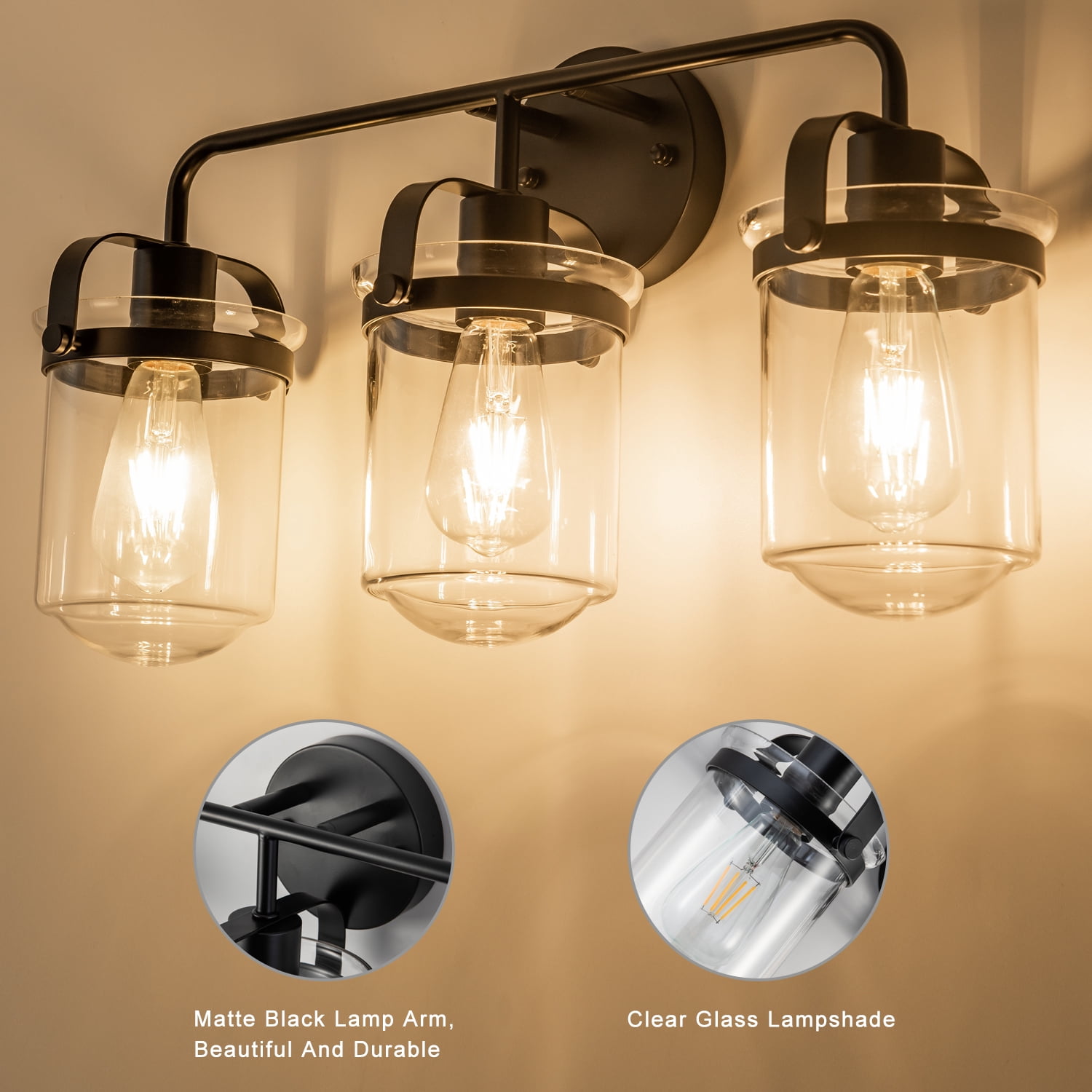 IVV Farmhouse Bathroom Vanity Light Fixtures Black with Clear Glass Shade 3 Light Industrial Wall Lighting Rustic Sconces Wall Mount Lamp for Living Room Hallway (Bulbs Not Included)