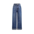 thumbnail image 2 of Kids High Waist Straight Leg Jeans, Dark Blue Denim Pants with Rolled Cuffs Blue 120, 2 of 7