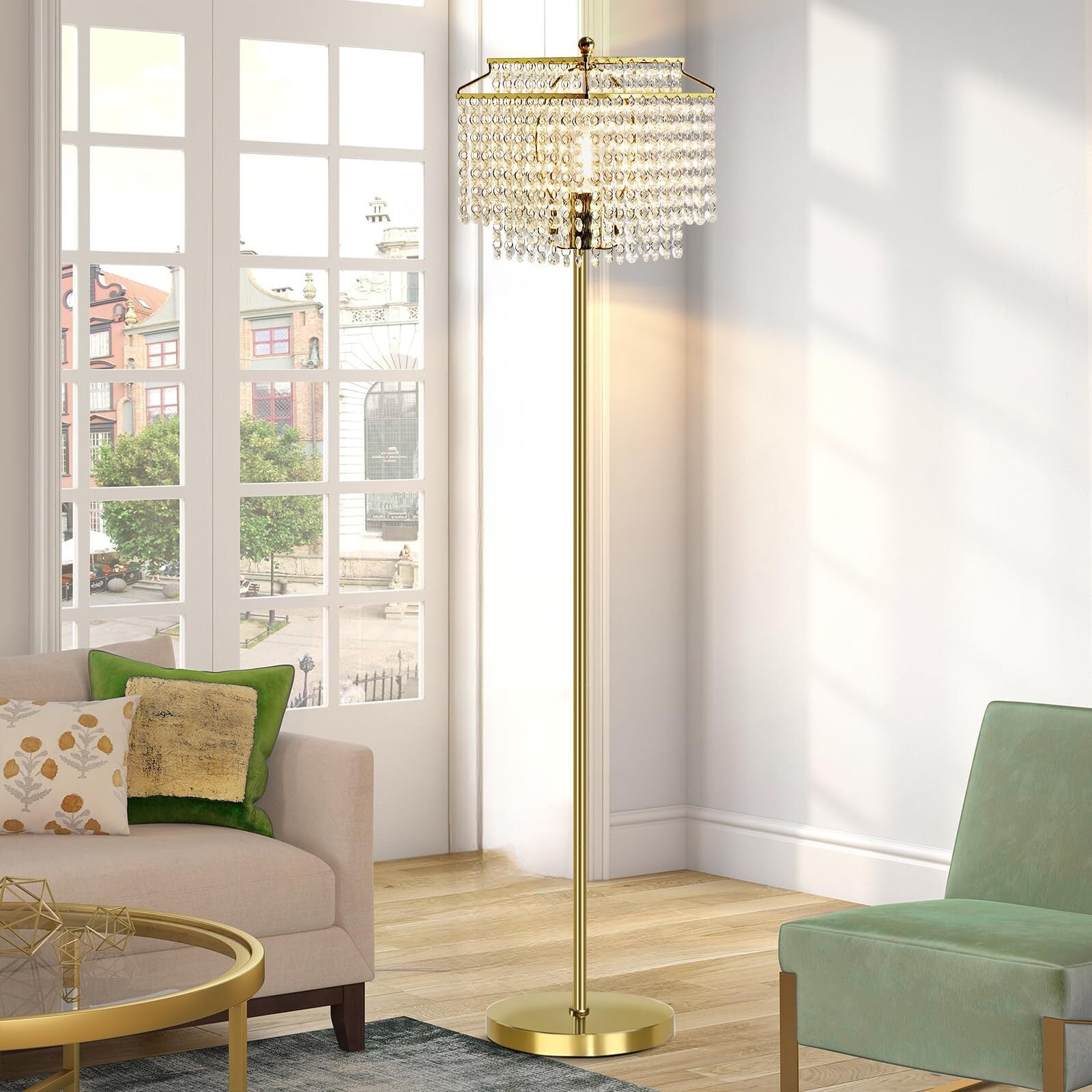 NATYSWAN Gold Crystal Floor Lamp , Modern Standing Lamps with Double-Layer Lampshade, on-off Foot Switch, for Living Room, Bedroom, Office, 8W Bulb Included