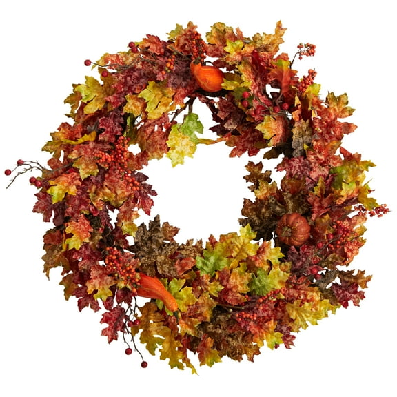 Nearly Natural 32" Autumn Oak Leaf, Berries and Pumpkin Artificial Wreath, Orange