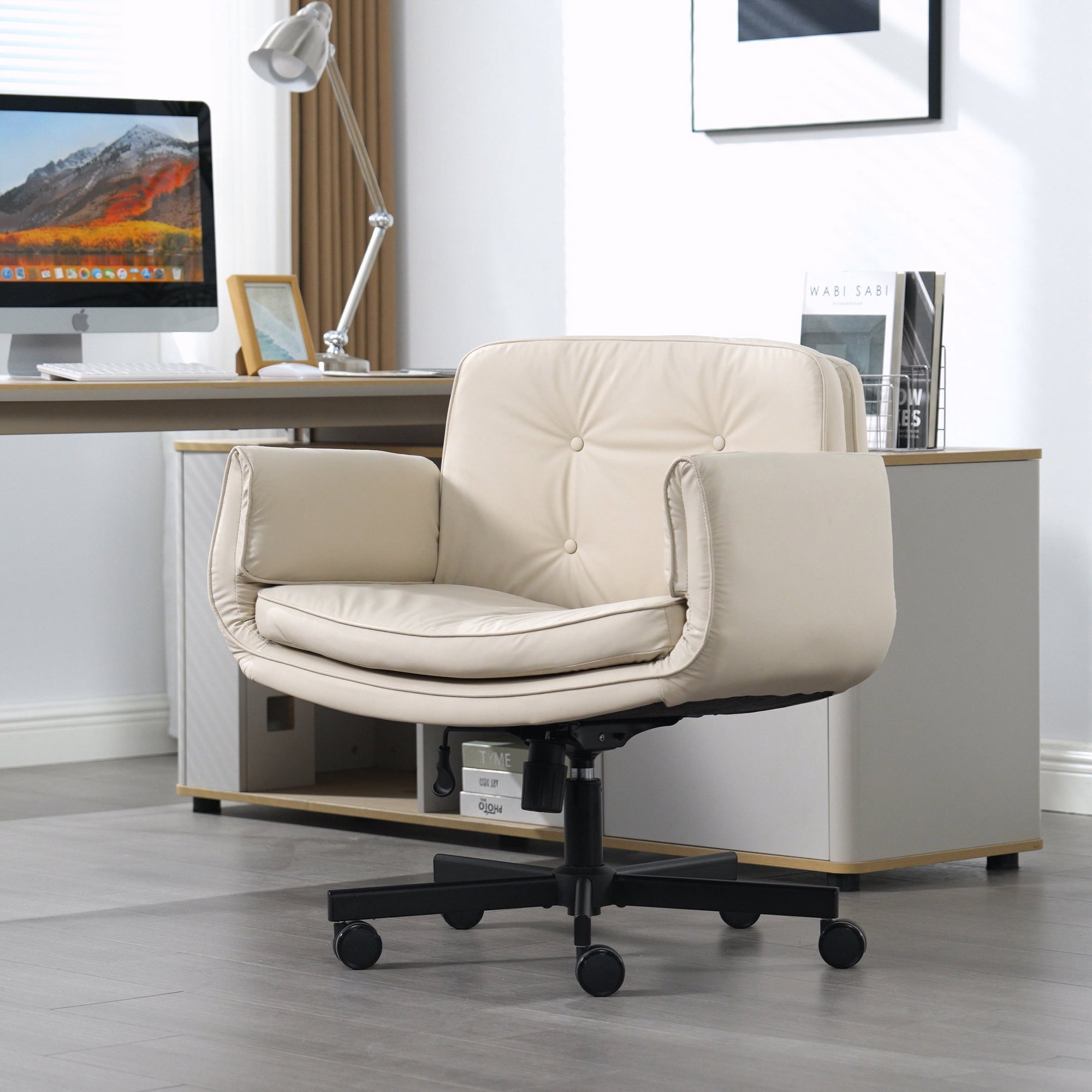 Mintazer Criss Cross Desk Chair with Armrests and Wheels, PU Leather Vanity Chair with Adjustable Swivel & Wide Seat, Office Chairs for Home Office, Make Up, Bedroom, Beige