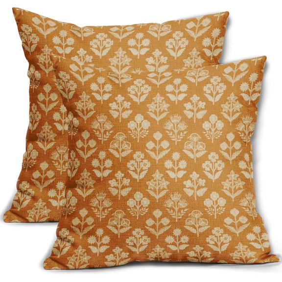 Mustard Yellow Floral Block Print Pillow Covers 20x20 Inch Set of 2, Vintage Flower Pattern Decorative Throw Pillowcases Outdoor Farmhouse Cushion Covers Spring Summer Rustic Sofa Couch Bed Decor