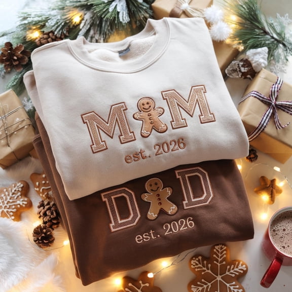 Matching Christmas Mom Dad Embroidered Sweatshirt, Gingerbread Cookie Family Set, Est Date Tshirts, Mom Dad Pregnancy Reveal Tee