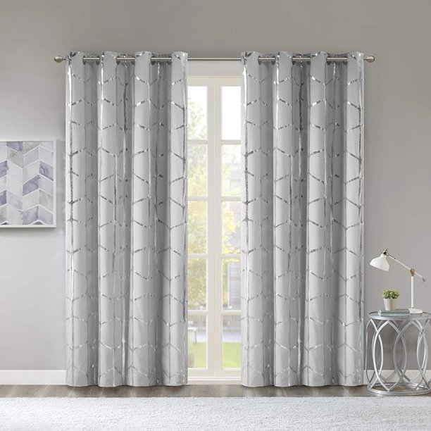 Raina Total Blackout Metallic Print Grommet Top Window Curtain Panel Thermal Insulated Light Blocking Drape for Bedroom Living Room and Dorm, 50x84, Grey/Silver