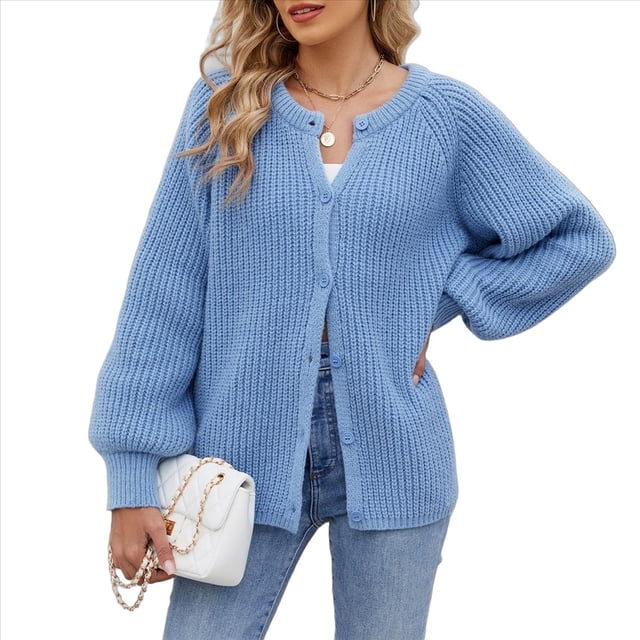 Suéter de Punto Suave y Grueso de Larga con Botones para Mujer, Cárdigan Informal Holgado con Abertura Frontal para Otoño Azul S