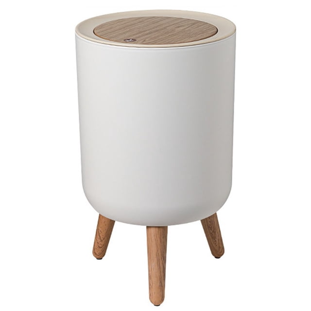 Bote de basura pequeño de 2,6 galones/10 l con tapa emergente, papelera con patas de madera for baño, cocina y dormitorio