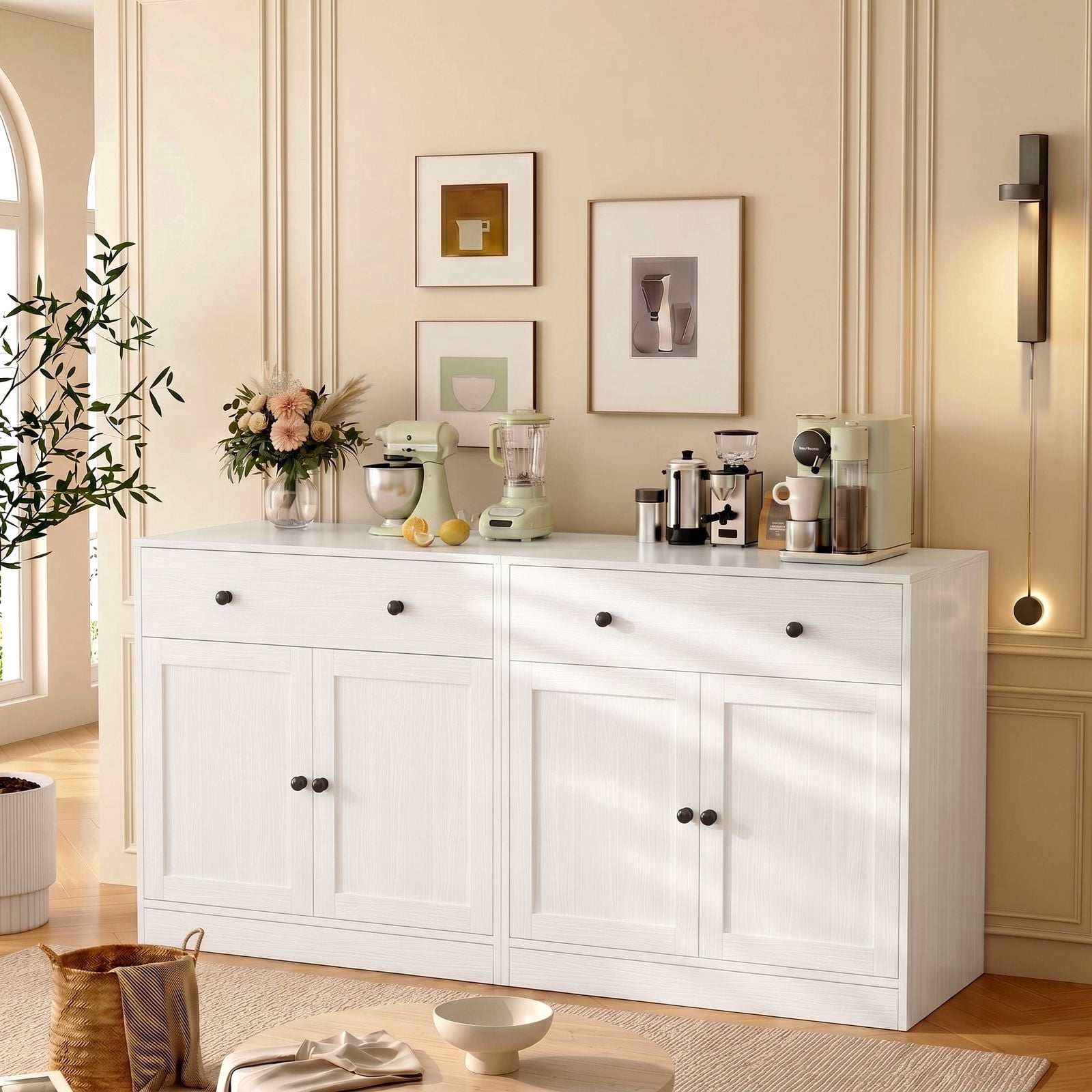 RichYa Kitchen Pantry Storage Cabinets,94.4''W Modular Furniture Cabinets with Hutch,Sideboard Buffet Cabinet with Doors and Shelves for Dining Room,Living Room,White