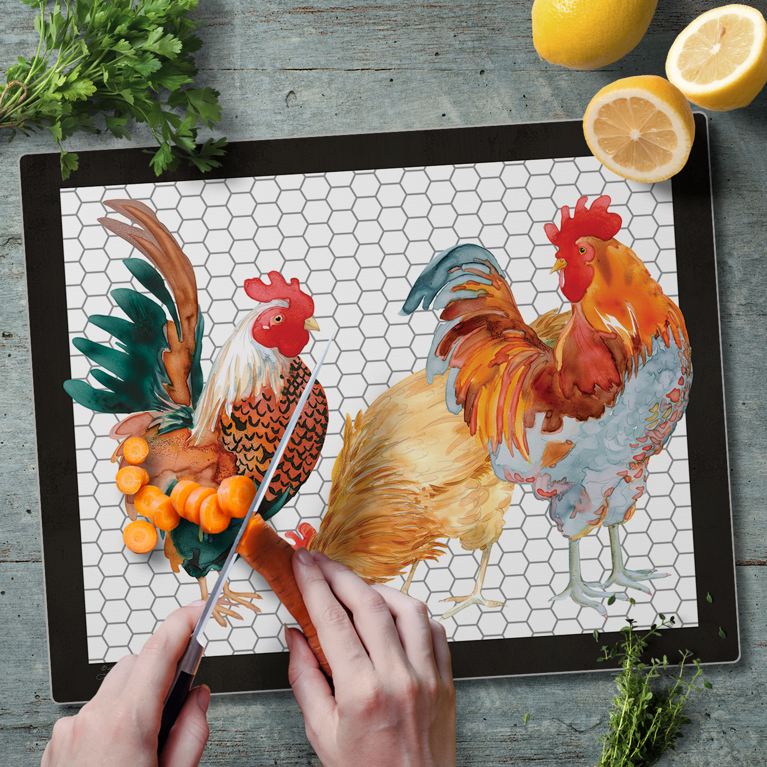 CounterArt Whimsical Roosters 3mm Tempered Glass Cutting Board 15" by 12"