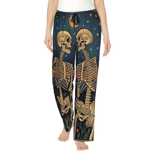 Fotbe Romantic Skeletons Under Moon Pantalones de Pijama para Mujer, Pantalones de Dormir, Pantalones Pj con Cordón y Bolsillos-XX-Large