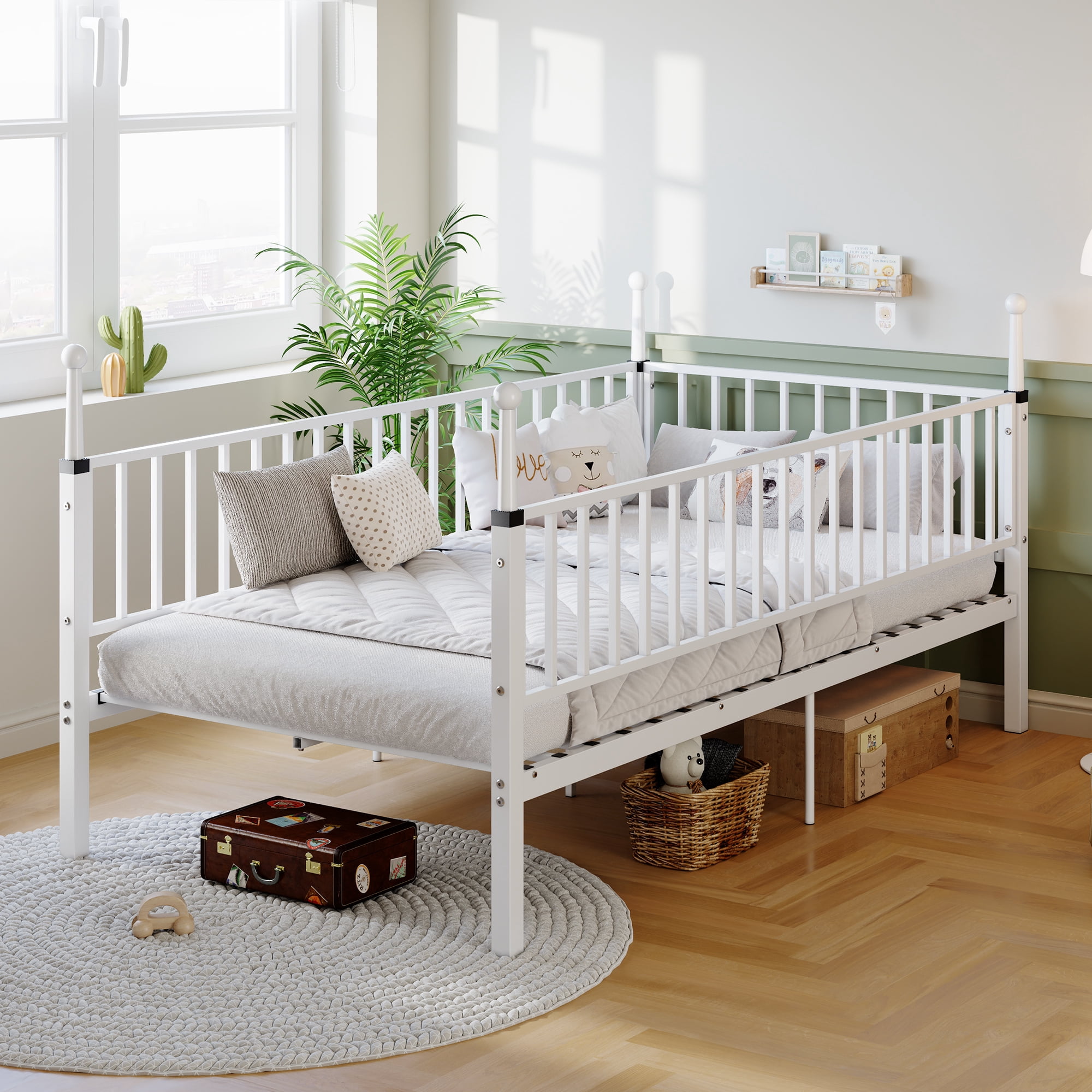 Leumius Twin Size Metal Bed Frame,Sturdy Durable Metal Bed Frame with Bed Posts,No Spring Mattress Required,White