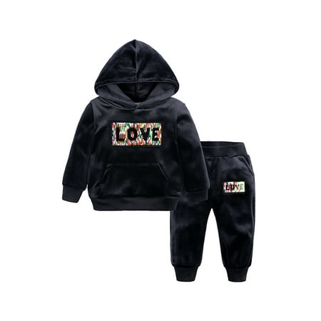 

Canrulo Toddler Baby Boy Girl 2Pcs Velvet Tracksuit Hoodie Sweatshirt Pullover Tops+Pants Set Winter Fall Clothes Black 2-3 Years