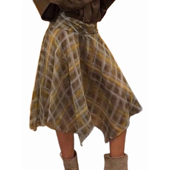 Women Flowy Plaid Skirts Elegant Asymmetrical Hem Midi Skirt Brown S