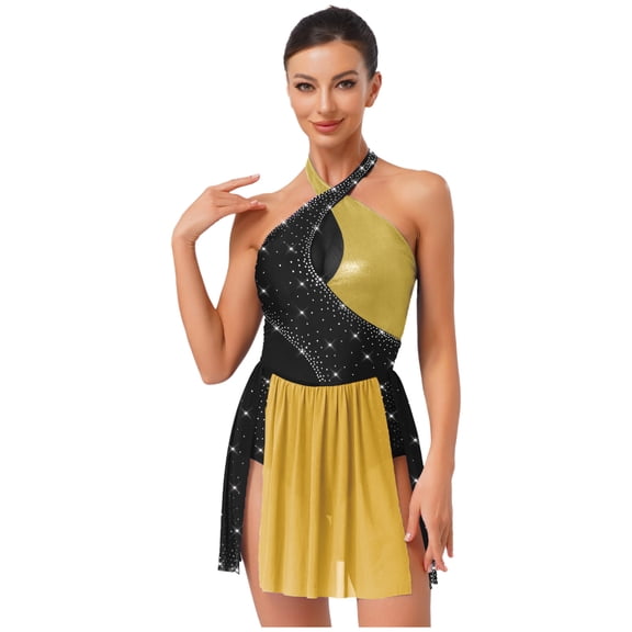 Sholeno Women's Sparkly Lyrical Dance Dress Sleeveless Halter Backless Ballet Skirt Leotard Yellow M