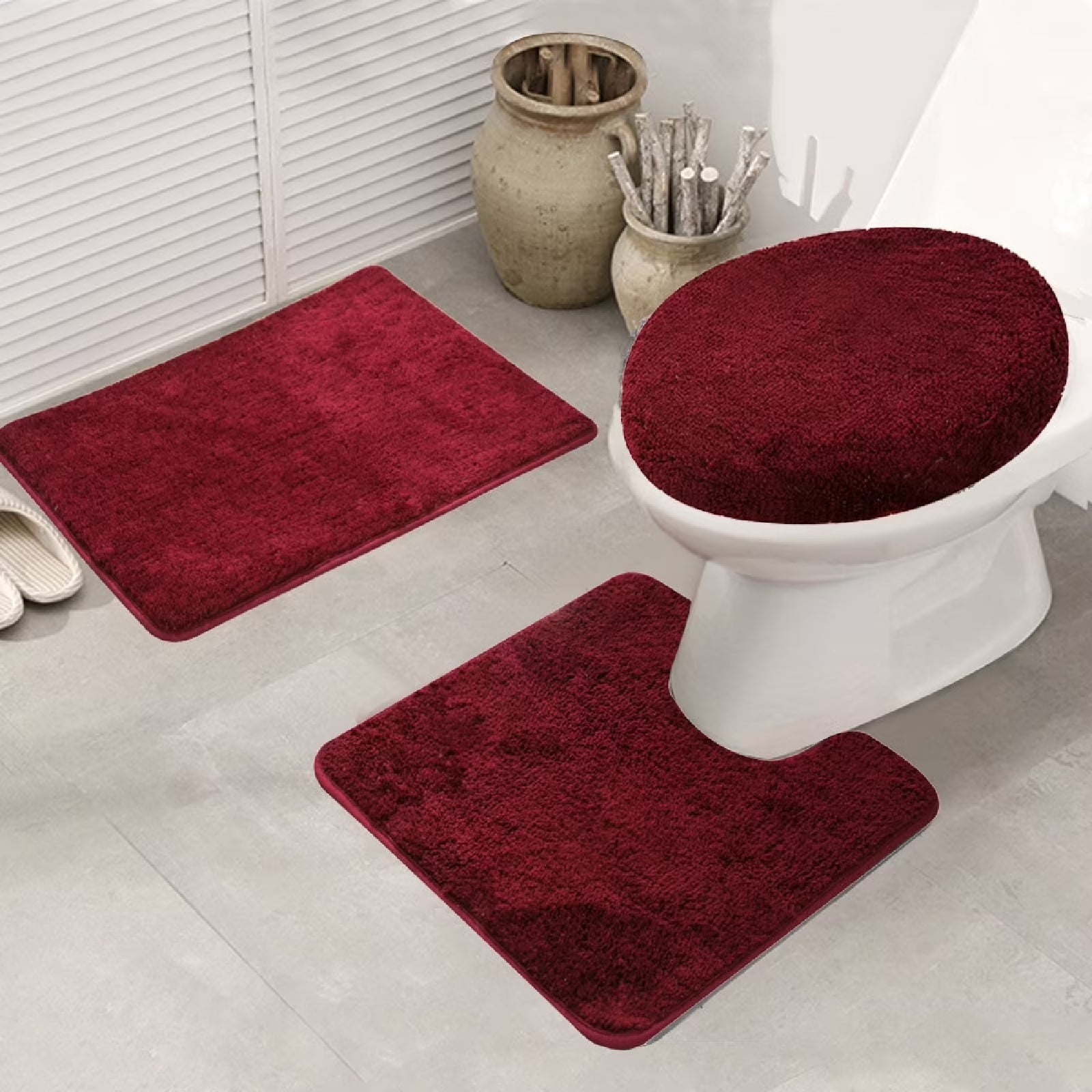 Eurhowing Bath Rug Set 3-Piece, Microfiber Non-Slip Absorbent Bathroom Mat Set, Ultra Soft Bath Mat with U-Shaped Contour Rug & Toilet Lid, Wine