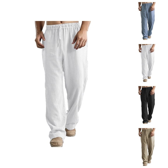 Cotton Linen Sweatpants for Men Solid Color Elastic Waist Drawstring Breathable Loose Casual Pants Trousers