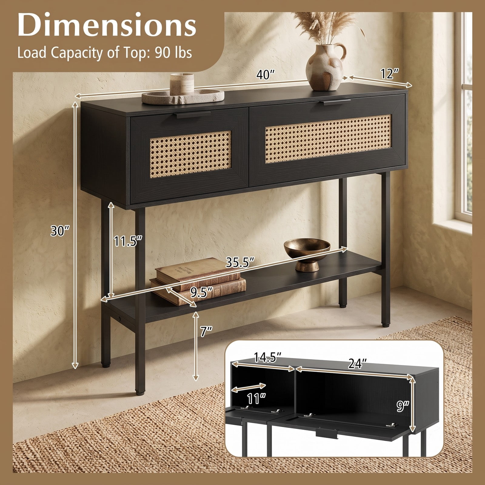 Furnibear Rattan Console Table with 2 Storage Drawers and Open Shelf and Carbon Steel Frame for Entryway and Hallway, Black
