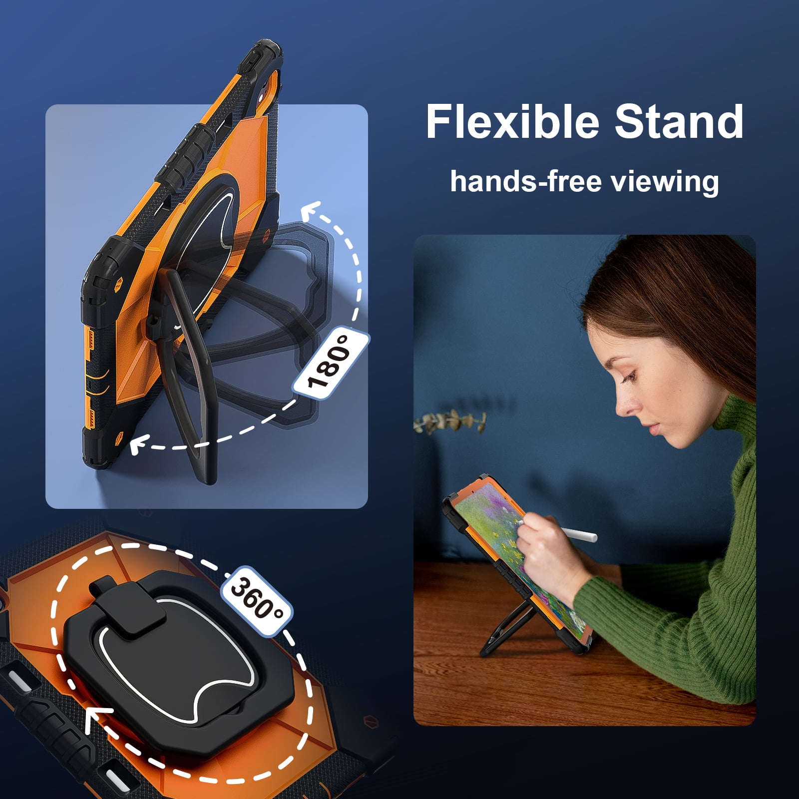 Dteck with Pencil Holder Case for iPad Pro 13 inch 2024,Heavy Duty Silicone Case 360 Degree Rotating Handle Stand Cover with Shoulder Strap for iPad Pro 13-in. (M4) ,Black+Orange