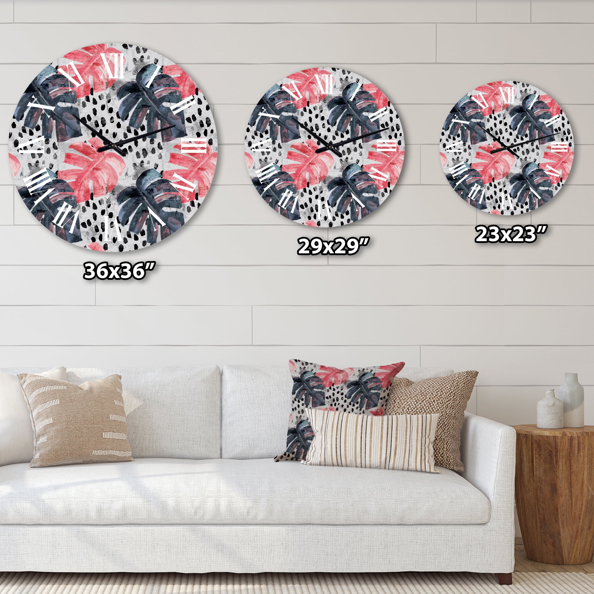 Designart 'Colored Monstera On Rough Brush Strokes I' Tropical Wall Clock