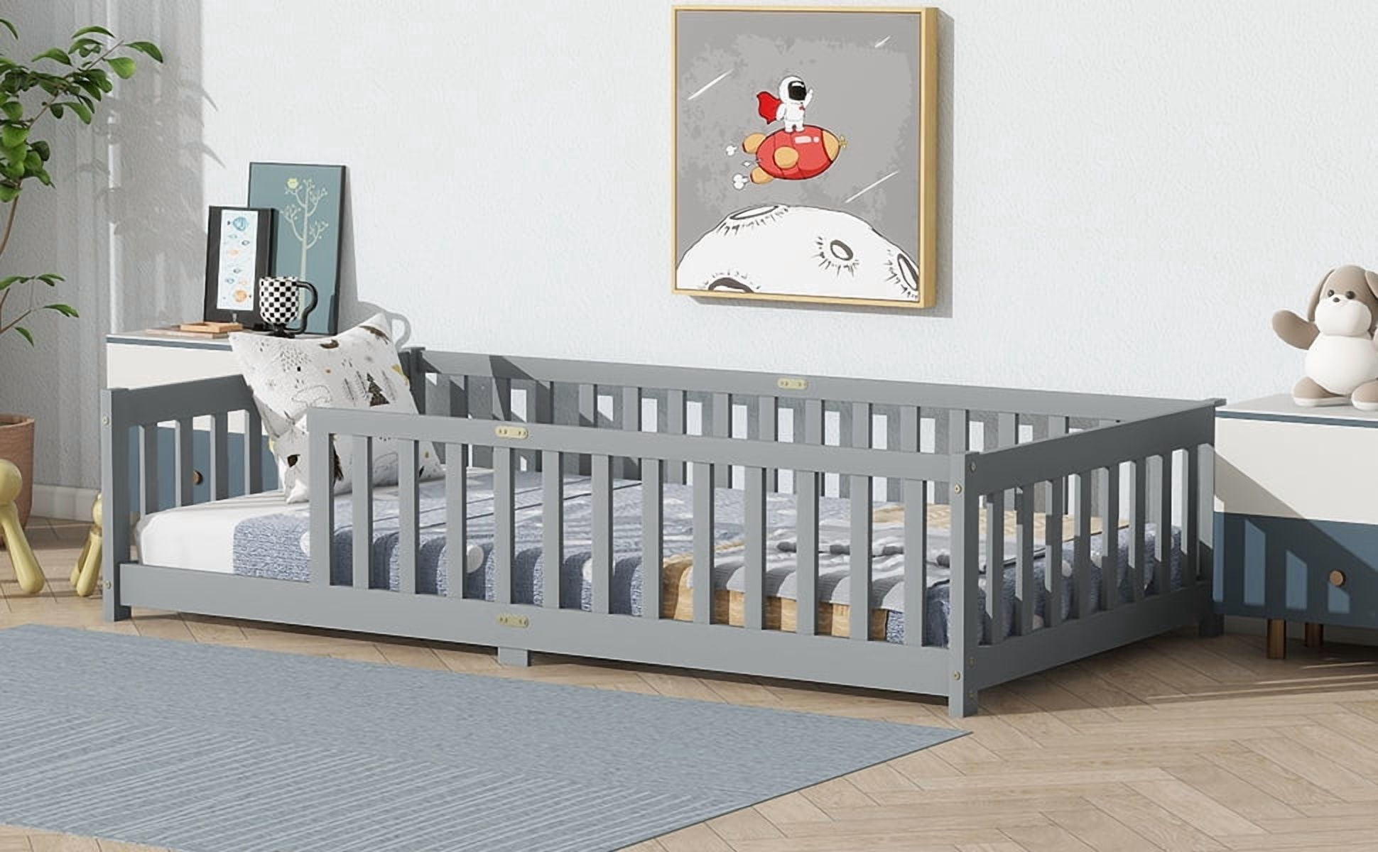 Twin Size Floor Bed with Fence without Door, Rubber Wood Floor Bed with Safety Guardrails,Grey