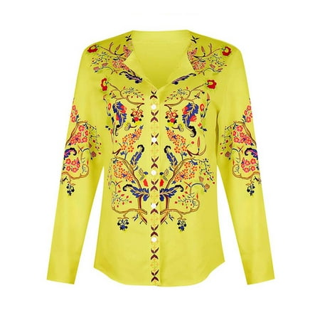 Women's Plus Size Floral Tops Long Sleeves T Shirt Loose Buttons Down Blouse Stand-Up Collar Shirts Tops for Junior Ladies