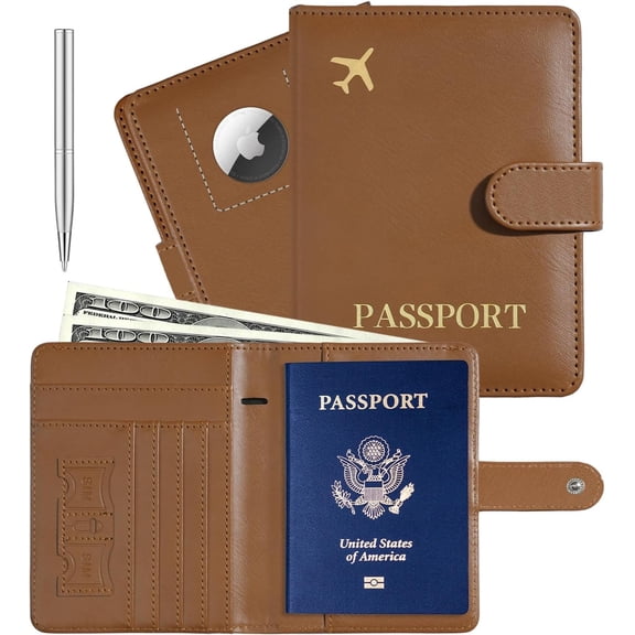 Passport Holder with Airtag Slot Cards Air Ticket Pocket, Travle Gifts for Women Men RFID Blocking Wallet, Passport Book Cover Case Brown