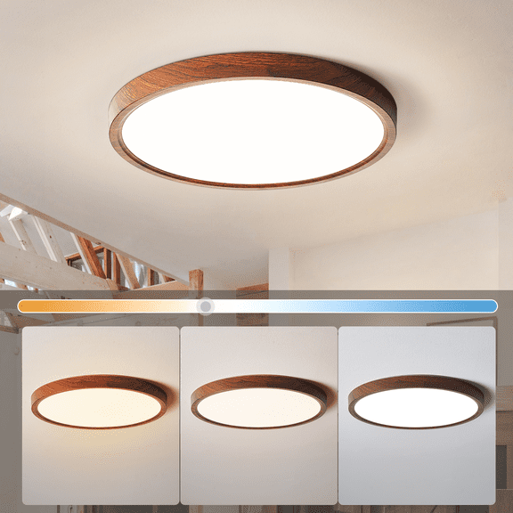 HEYAN Walnut Wood Flush Mount Ceiling Light Fixture,12 Inch Dimmable LED Ceiling Light with 3000K-4000K-6000K Selectable Flat Low Profile Round Ceiling Lights for Bedroom Hallway Laundry (1 Pack)