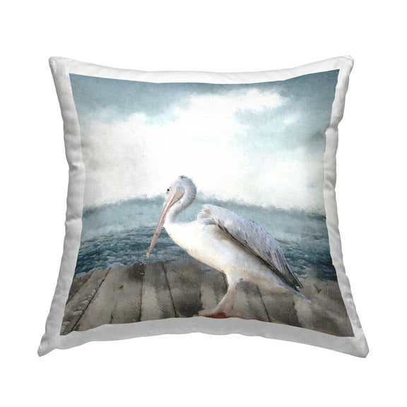 Stupell Industries White Coastal Egret Perched Ocean Dock Design by Mindy Sommers Throw Pillow