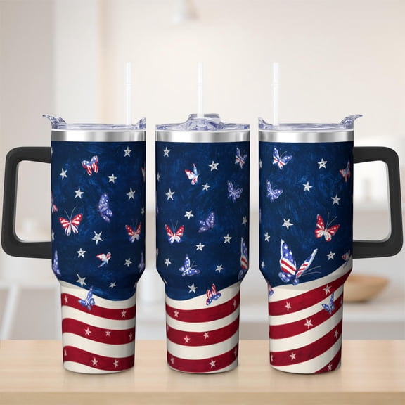 Butterfly tumbler 40 oz tumbler with handle and straw 304 stainless steel travel cup coffee mug water bottle suitable as a gifts for women mom gifts gift for butterfly lovers