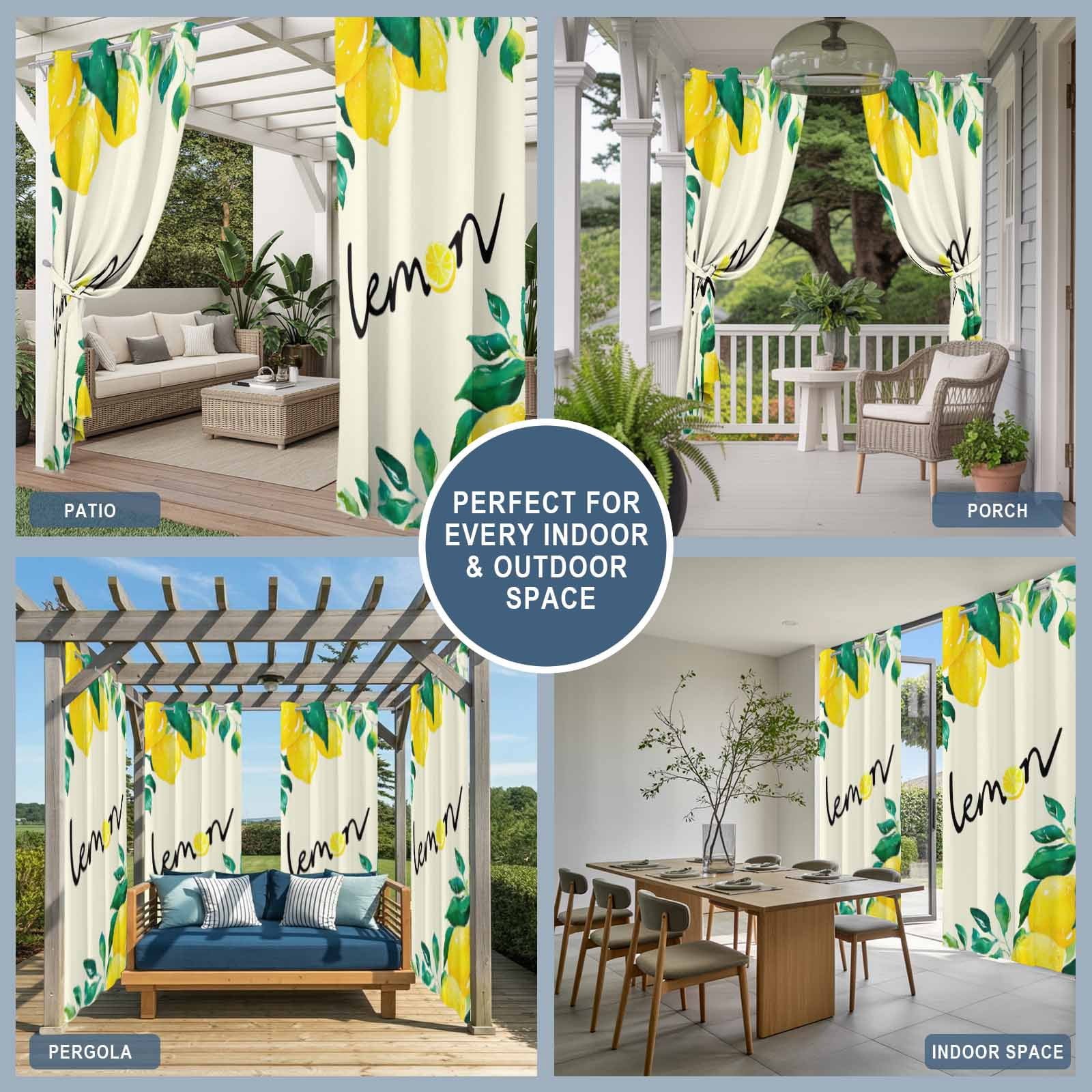 Botanical Lemon Outdoor Curtains for Patio, Watercolor Yellow Fruit Green Leaves Plant Sunshade Privacy Drapes Grommet Waterproof Outside Curtains for Porch/Cabana/Balcony 54"x 108", 1 Panel
