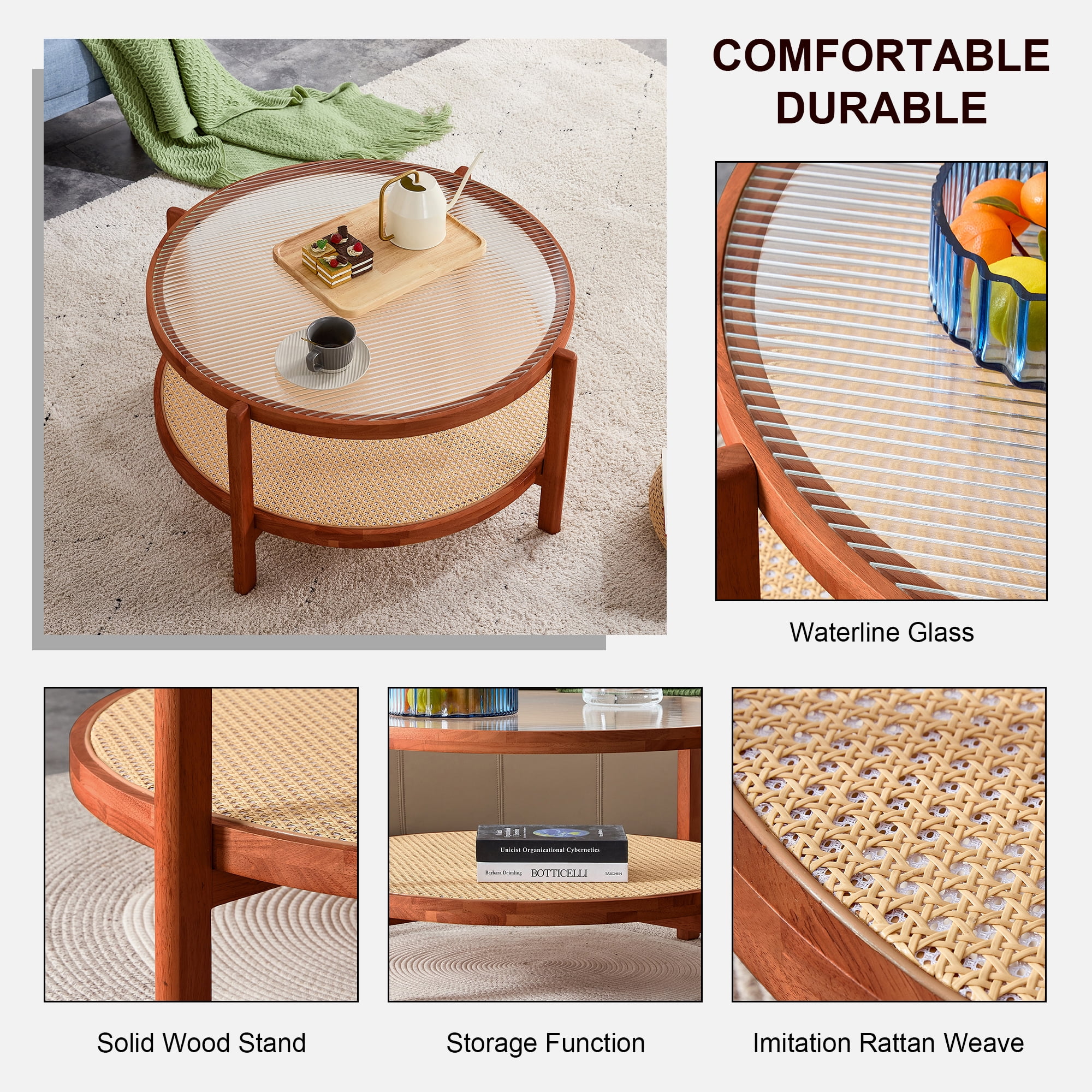 Kepooman 2-Tier Coffee Table, Round Tea Table with Solid Wood Frame and Pe Rattan, Modern Glass Sofa Center Table for Living Room, Walnut