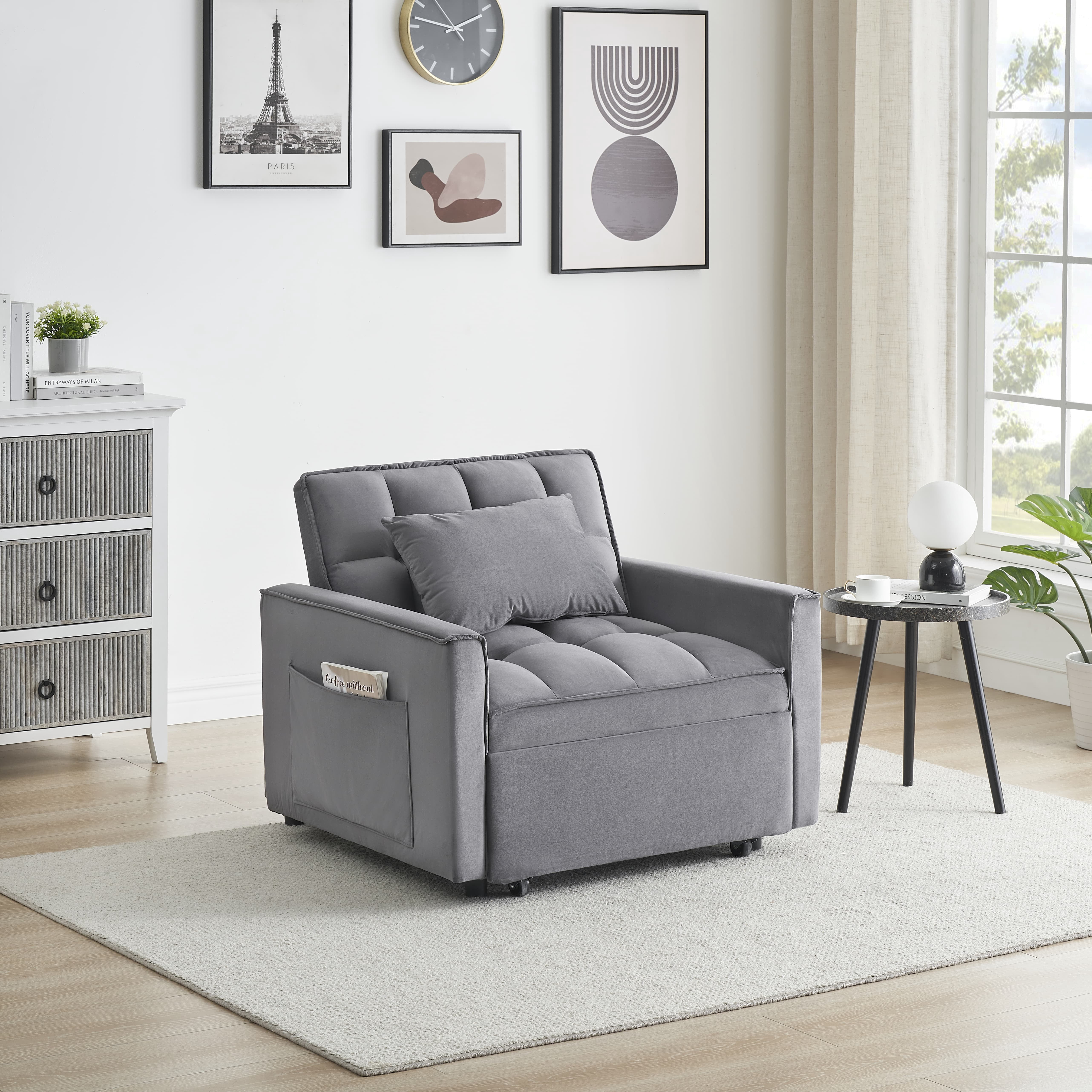 MAYEERTY 3 In 1 Convertible Sofa Bed, 25" Velvet Single Sofa with Adjustable Black, Suitable For Small Spaces, Dark Gray