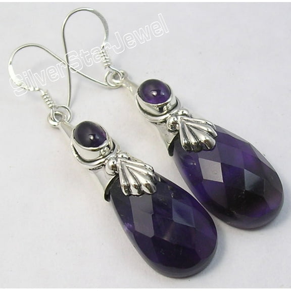 SilverStarJewel 925 Sterling Silver Purple Amethyst 2 Stone Cap Long Earrings 2.1" 10.0 Grams