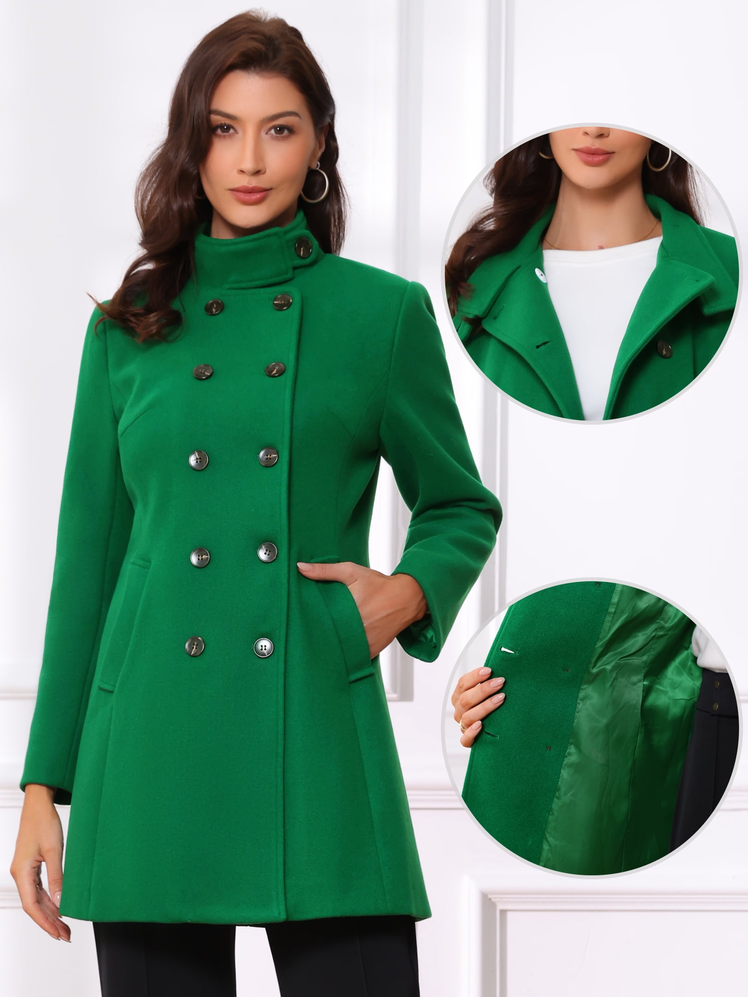 DARING DIVA Women's Winter Trench Stand Collar Pea Double Breasted Overcoat M Dark Green