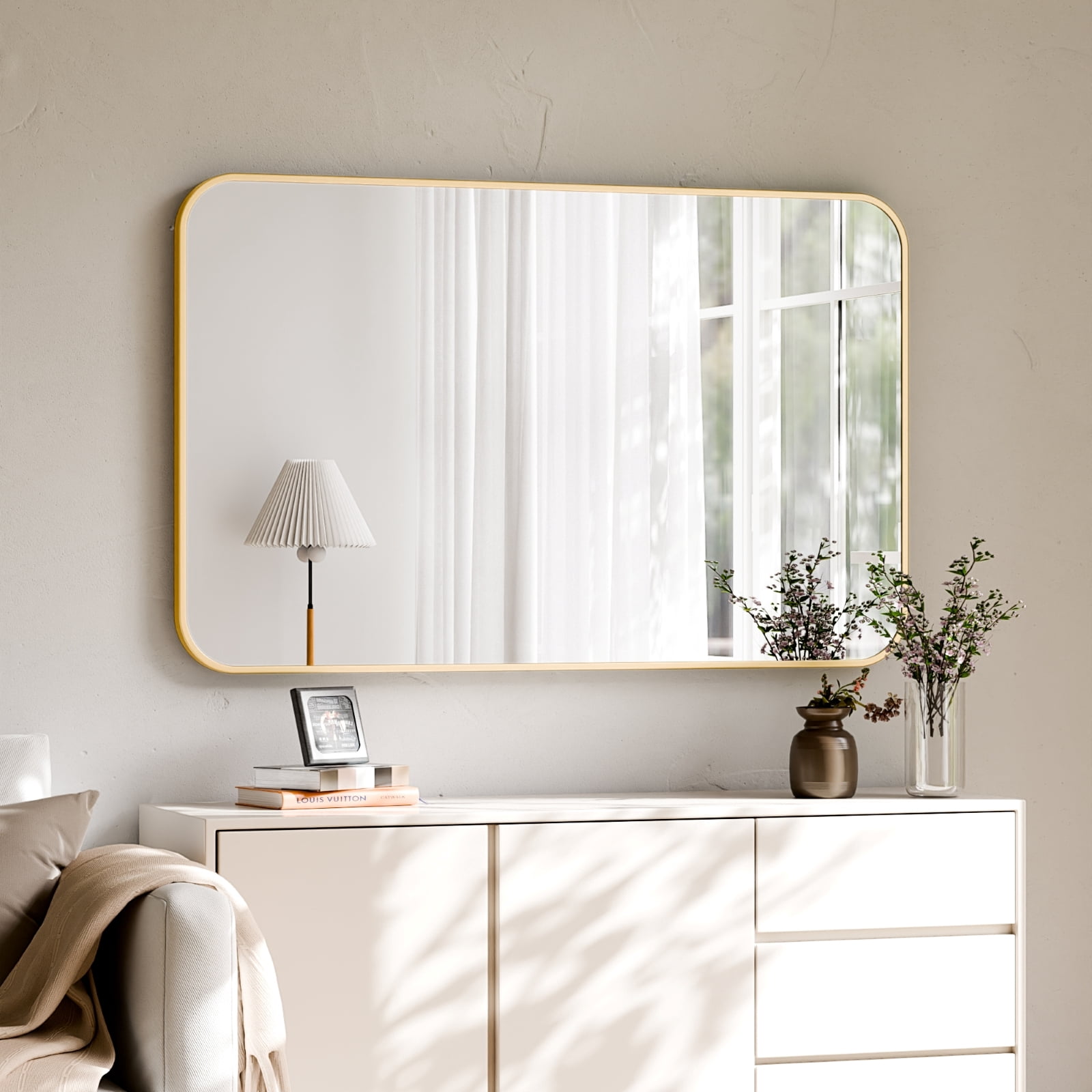 GRAHMCY 30"x48" Bathroom Mirror Wall-Mounted Vanity Mirror with Rectangular Metal Frame, Gold