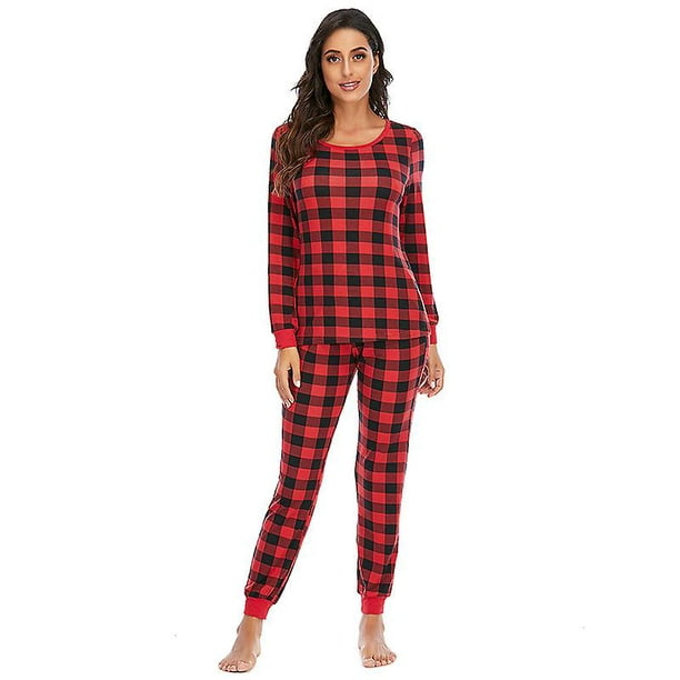Ladies Long Sleeve Plaid Pajamas Set Comfortable Soft Homewear Pajamas Set  (Red,M) 
