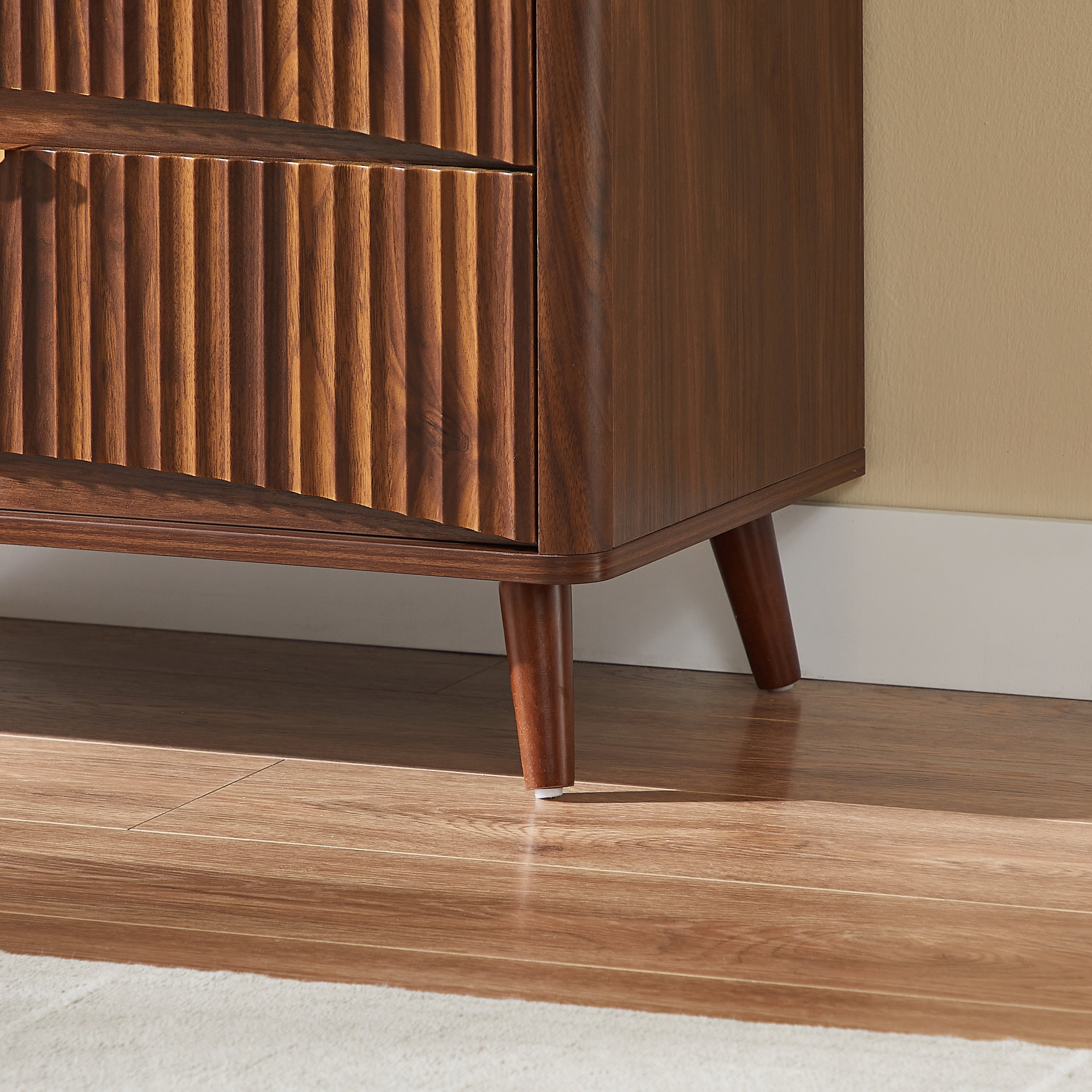 Fluted 3-Drawer Dresser with Vertical Grooved Design, Mid-Century Modern Tall Chest of Drawers for Bedroom and Living Room, Walnut