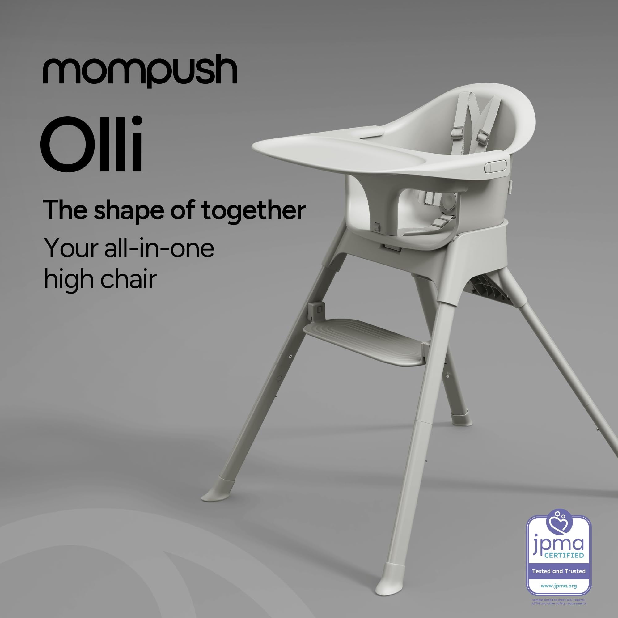 Mompush Olli 7-in-1 Convertible High Chair, Adjustable Footrest, Dishwasher-Safe Tray, Compact Folding Baby & Toddler Chair, Gray, 11.6LB, Unisex