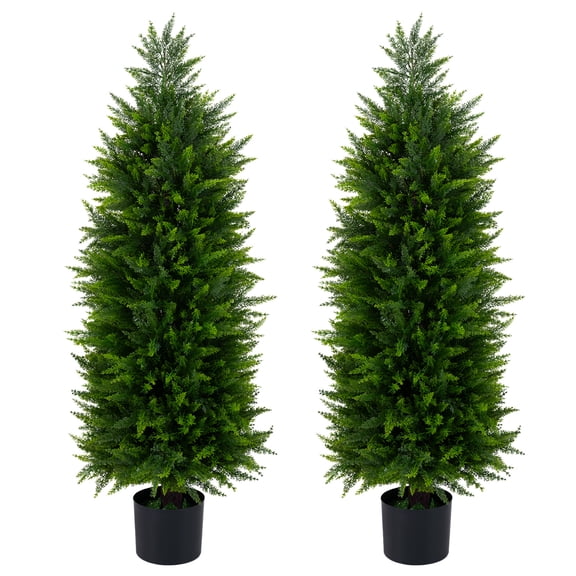 Gymax 4 FT Artificial Topiary Tree Set of 2 Realistic Evergreen Fake Plants for Porch