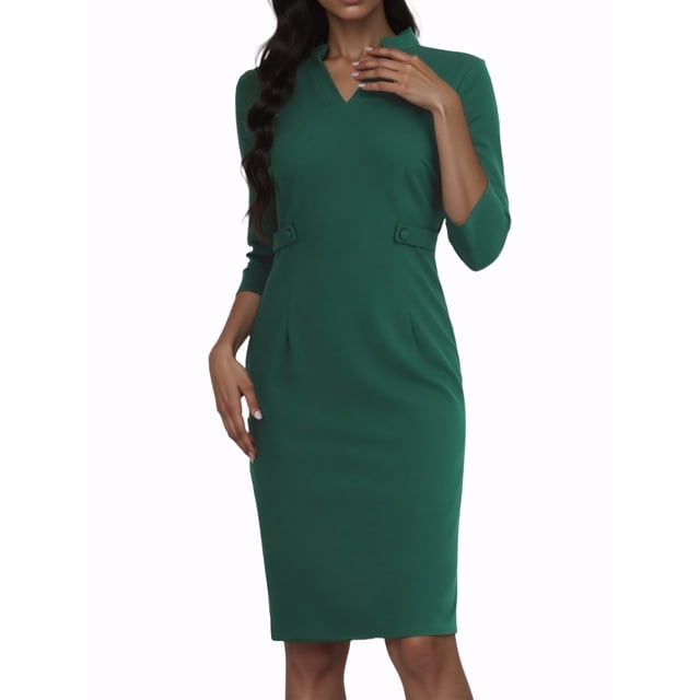 Vestido Midi de Manga 3/4 con Cuello Alto y Escote en V para Mujeres INSPIRE CHIC XL Verde Oscuro