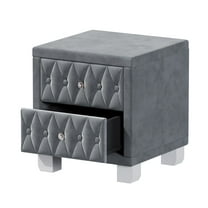 Elegant Velvet Nightstand with 2 Drawers and Crystal Handle, Storage Bedside Table with Button-Tufted, Grey